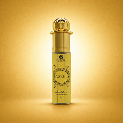 Aseel attar roll-on perfume, alcohol-free Arabic fragrance with saffron, rose, oud, sandalwood, amber and musk notes